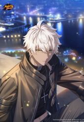 Rule 34 | 1boy, a-37, black jacket, black shirt, blurry, blurry background, bshi edayo, buckle, city, commentary, cross, cross necklace, depth of field, earrings, english commentary, highres, jacket, jewelry, logo, mahjong soul, male focus, midriff peek, necklace, night, official art, shirt, short hair, solo, stud earrings, white hair, yellow eyes