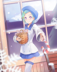 Rule 34 | 1girl, aqua hair, basket, bench, boots, brick wall, candy, candy cane, chair, day, drawfag, eureka (eureka seven), eureka seven, eureka seven (series), food, giving, hair ornament, hairclip, hat, highres, house, non-web source, purple eyes, reflection, religious offering, short hair, skirt, sky, smile, snowflakes, solo, standing, sunimu, thigh boots, thighhighs, window