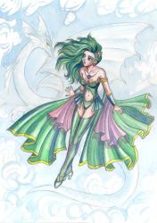 Rule 34 | 1990s (style), 1girl, dragon, earrings, final fantasy, final fantasy iv, fog, green eyes, green hair, jewelry, long hair, matching hair/eyes, midriff, navel, open mouth, rydia (ff4), sitting, solo, thighhighs