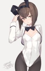 Rule 34 | 10s, animal ears, arm behind back, artist name, black pantyhose, bow, bowtie, breasts, brown eyes, brown hair, cowboy shot, cropped jacket, dated, detached collar, fake animal ears, gluteal fold, hairband, hand on headwear, head tilt, kantai collection, leotard, looking at viewer, pantyhose, parted lips, playboy bunny, rabbit ears, rokuwata tomoe, short hair, simple background, small breasts, solo, taihou (kancolle), white background