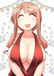 Rule 34 | 1girl, ^ ^, absurdres, bare shoulders, birthday, blush, breasts, brown hair, cleavage, closed eyes, collarbone, dress, earrings, happy birthday, highres, hirame guard, jewelry, large breasts, long hair, matsumoto yoriko, no bra, open mouth, red dress, shiny skin, simple background, smile, solo, sweatdrop, upper body, white background, yuyushiki
