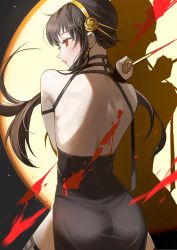 Rule 34 | 1girl, ass, back, backless dress, backless outfit, bad id, bad pixiv id, bare shoulders, black hair, blood, blood splatter, bloody weapon, dagger, dress, earrings, eyelashes, floating hair, flower, from behind, gold earrings, gold hairband, hair flower, hair ornament, hairband, haitu, highres, holding, holding dagger, holding knife, holding weapon, jewelry, knife, lips, looking to the side, parted lips, profile, red eyes, rose, shadow, side slit, sidelocks, solo, spikes, spy x family, stiletto (weapon), weapon, yor briar