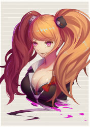 Rule 34 | 1girl, absurdres, alternate eye color, bear hair ornament, black bra, black shirt, blonde hair, blood, bra, breasts, cleavage, collarbone, commentary request, cropped torso, danganronpa (series), enoshima junko, hair ornament, highres, large breasts, long hair, looking at viewer, mato kuroi, necktie, no arms, out of frame, pink blood, pink eyes, red ribbon, ribbon, school uniform, shirt, sleeves rolled up, smile, solo, spoilers, striped, striped background, twintails, underwear