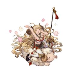Rule 34 | 1girl, anila (granblue fantasy), bell, blonde hair, breasts, draph, full body, granblue fantasy, horns, large breasts, long hair, midriff, minaba hideo, miniskirt, naginata, official art, polearm, riding, sandals, sheep, sheep horns, skirt, smile, solo, spear, stretching, thighhighs, transparent background, weapon, yawning, zettai ryouiki, zouri