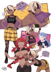 Rule 34 | 3girls, absurdres, black hair, black nails, blonde hair, breasts, choker, cleavage, collarbone, dark-skinned female, dark skin, freckles, grin, handheld game console, heart, highres, holding, holding handheld game console, large breasts, long hair, looking at another, looking at viewer, multicolored hair, multiple girls, nail polish, navel, nintendo switch, o-ring, o-ring top, one eye closed, original, parted lips, red hair, short hair, small breasts, smile, speech bubble, spoken heart, sui (suizilla), teeth
