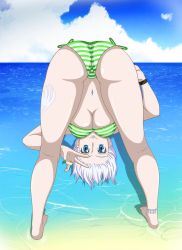 Rule 34 | 1girl, anklet, ass, beach, bent over, bikini, blue eyes, breasts, cloud, cloudy sky, fairy tail, grey hair, jewelry, large breasts, lisanna strauss, peace symbol, short hair, sky, smile, striped bikini, striped clothes, swimsuit, tagme, underboob, white hair, wristband, x-ray99