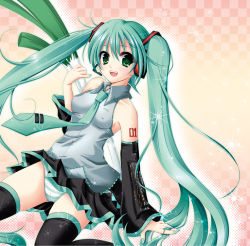 Rule 34 | checkered background, covered erect nipples, detached sleeves, green eyes, green hair, hatsune miku, headset, long hair, mizukoshi mayu, necktie, open mouth, panties, skirt, solo, spring onion, striped clothes, striped panties, thighhighs, twintails, underwear, very long hair, vocaloid