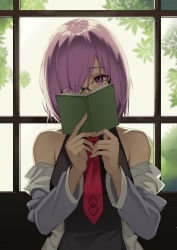 Rule 34 | 1girl, absurdres, bad id, bad pixiv id, black dress, book, covering own mouth, dress, fate (series), glasses, hair over one eye, highres, icarus (artist), jacket, light purple hair, looking at viewer, mash kyrielight, necktie, off shoulder, open clothes, open jacket, purple eyes, red necktie, short hair, solo, upper body, window