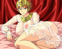 Rule 34 | 1980s (style), 1girl, bed, blue eyes, breasts, censored, crown, hat, kaze no tani no nausicaa, kushana, large breasts, lingerie, nightgown, nipples, oldschool, orga, pussy, red hair, retro artstyle, see-through, solo, studio ghibli, underwear
