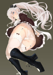 Rule 34 | 1girl, 9a-91 (bullets cafe) (girls&#039; frontline), 9a-91 (girls&#039; frontline), absurdres, ass, belt boots, blue eyes, blush, boots, closed mouth, cross-laced footwear, dress, foodtoyc, frilled dress, frills, from below, full body, garter straps, girls&#039; frontline, hair between eyes, hair ornament, high heel boots, high heels, highres, knee boots, lace-up boots, long hair, looking at viewer, maid, maid headdress, panties, silver hair, simple background, thighhighs, underwear, wedgie, white panties
