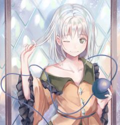 Rule 34 | 1girl, absurdres, collarbone, collared shirt, commentary request, frilled shirt collar, frilled sleeves, frills, green eyes, highres, komeiji koishi, long sleeves, looking at viewer, one eye closed, parted lips, sero3eta, shirt, silver hair, solo, teeth, third eye, touhou, upper body, wide sleeves, yellow shirt