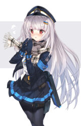 Rule 34 | 1girl, :o, armband, black gloves, black hat, black jacket, black pantyhose, black skirt, blush, breath, brown eyes, commentary request, cross, fringe trim, gloves, goddess of victory: nikke, grey background, grey hair, hands up, hat, highres, iron cross, jacket, kuro work, long hair, long sleeves, looking at viewer, open clothes, open jacket, pantyhose, parted lips, peaked cap, plaid, plaid scarf, pleated skirt, scarf, shirt, skindentation, skirt, soline (nikke), solo, two-tone background, very long hair, white background, white shirt