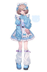 Rule 34 | 1girl, animal ears, apron, blue bow, blue dress, blue footwear, blue nails, bow, brown hair, closed mouth, commentary, dress, frilled apron, frilled dress, frilled hairband, frills, full body, hair bow, hair ornament, hairband, hand up, heart, heart hair ornament, looking at viewer, loose socks, nail polish, original, purple eyes, short hair, shugao, simple background, socks, solo, standing, straight-on, symbol-only commentary, white apron, white background, white hairband, white socks
