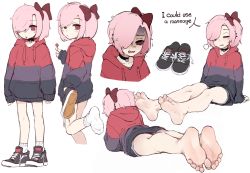 Rule 34 | 1girl, @ @, bare legs, barefoot, black choker, black shorts, blush, bow, candy, choker, closed eyes, closed mouth, collarbone, commentary, english commentary, english text, feet, food, foot focus, foot up, foreshortening, from behind, full body, grey hoodie, hair bow, hair over one eye, highres, hood, hoodie, k-rha&#039;s, legs, lollipop, lying, medium hair, mouth hold, multiple views, no shoes, on stomach, original, oversized clothes, pink hair, purple hoodie, red eyes, red hoodie, shoes, shorts, simple background, sneakers, socks, soles, standing, striped clothes, striped hoodie, sweatdrop, toes, violett (k-rha), white background, white socks