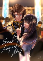 Rule 34 | 1boy, 1girl, bare arms, black hair, black jacket, blue eyes, breasts, brown eyes, brown hair, couple, dress, final fantasy, final fantasy viii, hair between eyes, high collar, highres, indoors, jacket, long hair, looking at viewer, looking back, medium breasts, military, military uniform, multicolored hair, official alternate costume, parted bangs, parted lips, people, pointing, rinoa heartilly, scar, scar on face, shimamiyako, short hair, smile, squall leonhart, streaked hair, sweat, uniform, upper body, white dress