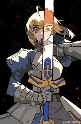 Rule 34 | 1girl, absurdres, ahoge, armor, armored dress, artoria pendragon (all), artoria pendragon (fate), black background, black gloves, blonde hair, blue eyes, blue sleeves, breastplate, closed mouth, commentary, cowboy shot, emiya shirou, english commentary, expressionless, eyelashes, fate/stay night, fate (series), gloves, glowing, glowing eye, grey armor, hair lift, highres, holding, holding sword, holding weapon, juliet sleeves, long sleeves, looking at viewer, medium hair, momo 007, orange hair, puffy sleeves, saber (fate), short hair, simple background, split theme, sword, thick eyebrows, watermark, weapon, weibo logo, weibo watermark, wind, wind lift, yellow eyes