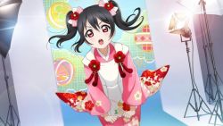 Rule 34 | 1girl, :o, artist name, artist request, black hair, blush, bow, breasts, camera, camera flash, clenched hands, female focus, floral print, flower, flower print, hair between eyes, hair bow, japanese clothes, kimono, long hair, looking at viewer, love live!, love live! school idol festival, love live! school idol festival all stars, love live! school idol project, parted lips, pink bow, pink kimono, red eyes, red flower, short hair, short twintails, smile, solo, striped, striped bow, twintails, v-shaped eyebrows, white bow, yazawa nico