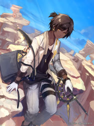 Rule 34 | 1boy, absurdres, alalen, arknights, bag, black footwear, black shirt, blade, braid, dark skin, dated, day, earclip, glint, gloves, gold trim, handbag, highres, jacket, lens flare, male focus, open clothes, open jacket, outdoors, shirt, short ponytail, sitting, solo, thigh strap, thorns (arknights), white gloves, white jacket, yellow eyes