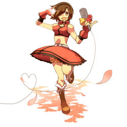Rule 34 | 1girl, aged down, bad id, bad pixiv id, boots, brown eyes, brown hair, flower, headphones, kane, kojijima, m/, meiko (vocaloid), microphone, midriff, one eye closed, pinky out, ribbon, sakine meiko, short hair, skirt, smile, solo, vocaloid, wink