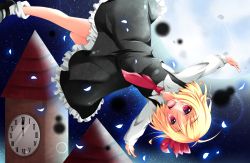 Rule 34 | 1girl, blonde hair, blush, clock, clock tower, full moon, hair ribbon, highres, looking at viewer, moon, night, open mouth, outstretched arms, red eyes, ribbon, rumia, short hair, sisterakuma, sky, smile, solo, star (sky), starry sky, touhou, tower, upside-down