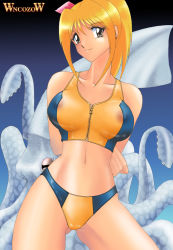Rule 34 | blonde hair, bow, brown eyes, character request, nipples, see-through, smile, squid, swimsuit, wancozow