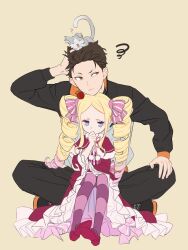 Rule 34 | 1boy, 1girl, ?, animal, animal on head, beatrice (re:zero), black footwear, black jacket, black pants, blonde hair, blue eyes, bow, brown eyes, brown hair, butterfly-shaped pupils, capelet, commentary, crown, dress, dress bow, drill hair, fndlwm re, frilled dress, frilled sleeves, frills, full body, fur-trimmed capelet, fur trim, hair ribbon, hand in own hair, highres, jacket, long hair, long sleeves, looking to the side, mini crown, multicolored clothes, multicolored jacket, natsuki subaru, neck ribbon, on head, pants, pantyhose, parted bangs, pink bow, pink ribbon, puck (re:zero), re:zero kara hajimeru isekai seikatsu, red capelet, red dress, ribbon, scratching head, shoes, short hair, sidelocks, simple background, sitting, sitting on lap, sitting on person, sneakers, swirl, symbol-only commentary, symbol-shaped pupils, thighhighs, thinking, track jacket, track pants, twin drills, two-tone jacket, white jacket, wide sleeves, yellow background