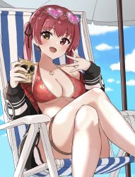 Rule 34 | 1girl, arrow through heart, beach chair, beach umbrella, bikini, bikini under clothes, black jacket, blue sky, blush, breasts, cloud, cloudy sky, collarbone, commentary request, crossed legs, cup, eyelashes, eyewear on head, fang, feet out of frame, gold trim, hair ribbon, hands up, heterochromia, highres, holding, holding cup, hololive, houshou marine, houshou marine (summer), jacket, jewelry, karu (kashimiru8143), large breasts, legs, long sleeves, looking at viewer, necklace, off shoulder, official alternate costume, open mouth, outdoors, red bikini, red eyes, ribbon, shiny clothes, shiny skin, sidelocks, sitting, skin fang, skindentation, skull cup, sky, solo, spread fingers, swimsuit, thighs, twintails, umbrella, underboob, virtual youtuber, yellow eyes