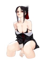 Rule 34 | 1girl, absurdres, bare shoulders, between legs, black bra, black dress, blush, bow, bra, breasts, cleavage, clothes pull, cropped legs, dress, dress pull, egk513, folded ponytail, hair bow, hand between legs, highres, invisible chair, kaguya-sama wa kokurasetai ~tensai-tachi no renai zunousen~, large breasts, looking at viewer, parted bangs, parted lips, red bow, red eyes, red ribbon, ribbon, school uniform, seductive smile, shinomiya kaguya, short hair, shuuchiin academy school uniform, sidelocks, simple background, sitting, smile, solo, strap slip, underwear, v arms, white background