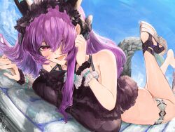 1girl arknights hair_over_one_eye inflatable_raft kajuu lying on_stomach purple_hair shoes single_shoe solo tail typhon_(arknights)