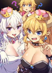 Rule 34 | 3girls, ?, bad id, bad pixiv id, bare shoulders, black dress, blonde hair, blue eyes, blush, bow, bowsette, bracelet, braid, breasts, brooch, cleavage, collar, collarbone, crown, detached collar, dress, earrings, fang, fingernails, frilled dress, frills, gloves, goomba, hair between eyes, horns, jewelry, kim bae-eo, large breasts, long hair, looking at viewer, luigi&#039;s mansion, mario (series), mini crown, multiple girls, nail polish, new super mario bros. u deluxe, nintendo, open mouth, peachette, pink dress, pink nails, pointy ears, ponytail, princess king boo, princess peach, purple eyes, red bow, revision, sharp teeth, short sleeves, smile, spiked bracelet, spiked collar, spikes, strapless, strapless dress, super crown, sweat, teeth, tilted headwear, tongue, tongue out, turtle shell, twin braids, twintails, v-shaped eyebrows, white dress, white gloves, white hair