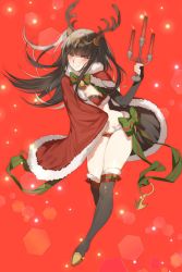 Rule 34 | 1girl, antlers, black hair, black legwear, breasts, candelabra, candle, candlestand, cape, cleavage, fire emblem, fire emblem awakening, fire emblem heroes, fur cape, fur trim, highres, horns, nintendo, official alternate costume, red background, red cape, smile, solo, tharja (fire emblem), tharja (winter) (fire emblem), tiara, zuizi