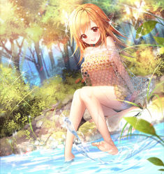 Rule 34 | 1girl, ahoge, aile (crossroads), arms at sides, bandeau, bare shoulders, barefoot, bikini, blonde hair, blush, brown eyes, character request, day, feet, forest, frilled bikini, frills, full body, grass, halterneck, kicking, long hair, looking at viewer, nature, open mouth, original, outdoors, plant, sitting, skirt, sleeveless, smile, soaking feet, solo, sparkle, splashing, swimsuit, teeth, toes, tree, wading, water, wet