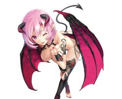 Rule 34 | 1girl, breasts, demon, demon girl, female focus, hanging breasts, highres, horns, leaning forward, looking at viewer, medium breasts, misaki kurehito, nipples, one eye closed, pink hair, purple eyes, short hair, simple background, smile, solo, standing, tail, thighhighs, white background, white theme, wings