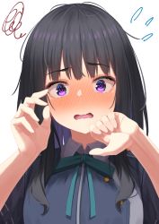 Rule 34 | 1girl, absurdres, black hair, blue dress, blush, bow, collared dress, commentary request, dress, flying sweatdrops, green bow, grey dress, hands up, highres, inoue takina, long hair, looking at viewer, lycoris recoil, nose blush, open mouth, purple eyes, simple background, solo, squiggle, starkamisan, upper body, wavy hair, white background