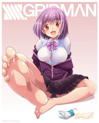 Rule 34 | 10s, 1girl, barefoot, blush, bow, breasts, collared shirt, drink, drinking straw, feet, foot focus, gridman universe, jacket, juice box, large breasts, light purple hair, long sleeves, looking at viewer, off shoulder, pleated skirt, purple jacket, red eyes, ryusei2u, school uniform, shinjou akane, shirt, short hair, sitting, skirt, smile, soles, solo, ssss.gridman, suggestive fluid, toes, white shirt