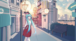 Rule 34 | 1girl, absurdres, blouse, blue eyes, blue hair, bow, bowtie, city, commentary, english commentary, floating hair, hatsune miku, highres, long hair, looking at viewer, red skirt, rzx0, scenery, shirt, skirt, smile, solo, twintails, vocaloid, white shirt, yellow bow, yellow bowtie