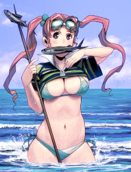 Rule 34 | 1girl, bad id, bad pixiv id, bikini, blue eyes, breasts, fish, flying fish, goggles, goggles on head, hair bobbles, hair ornament, kouno (masao), large breasts, long hair, mouth hold, ocean, original, pink hair, solo, swimsuit, twintails, water, wet