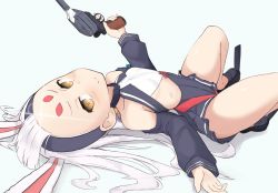 Rule 34 | 1girl, animal ears, arm up, azur lane, bikini, bikini bottom only, black footwear, black skirt, brown eyes, rabbit ears, detached sleeves, flat chest, forehead, gun, hairband, knees up, legs, long hair, looking at viewer, lying, miniskirt, on back, outstretched arms, red bikini, robokumodoki, shimakaze (azur lane), shiny forehead, shoes, simple background, skirt, smile, solo, swimsuit, swimsuit over clothes, thighs, weapon, white background, white hair