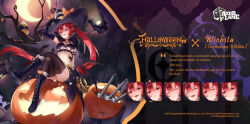 Rule 34 | 1girl, alternate costume, azur lane, bikini, black footwear, boots, breasts, cape, commentary, crossed legs, eagle union (emblem), elbow gloves, english commentary, english text, fangs, ghost, gloves, hair between eyes, halloween, hand on headwear, hat, highres, jack-o&#039;-lantern, kaede (yumesaki kaede), knee boots, lace, lace-trimmed legwear, lace trim, large breasts, long hair, looking at viewer, o-ring, official alternate costume, official art, open mouth, ponytail, pun, red eyes, red hair, revealing clothes, shaded face, shorts, swimsuit, thighhighs, very long hair, wichita (azur lane), wichita (domineering witchita) (azur lane), witch hat