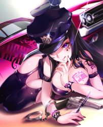 Rule 34 | 1girl, :q, arm belt, arm support, belt, black hair, black thighhighs, bracelet, breast tattoo, breasts, butterfly tattoo, car, cropped legs, cuffs, dodge (company), dodge challenger, dutch angle, facepaint, facial tattoo, finger to mouth, fingernails, fu-mi.a, garter straps, glint, gun, handcuffs, handgun, hat, hat over one eye, holding, jewelry, large breasts, lips, long hair, looking at viewer, lying, miss.dd, motor vehicle, nail polish, on side, police hat, purple eyes, revolver, scalpel, sleeveless, solo, sound voltex, star (symbol), tattoo, thighhighs, thighs, tongue, tongue out, weapon, wide hips