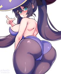 Rule 34 | aqua eyes, arched back, arm at side, artist name, ass, ass focus, back, backless outfit, bare arms, bare shoulders, bebatch, black hair, blush, breasts, cameltoe, cleft of venus, collar, cowboy shot, eyelashes, from behind, genshin impact, hair between eyes, hand up, hat, highres, huge ass, large breasts, leotard, long hair, looking at viewer, looking back, mona (genshin impact), nipple slip, nipples, pantyhose, pointing, purple leotard, sideboob, signature, simple background, standing, sweat, thighs, twintails, white background, white collar