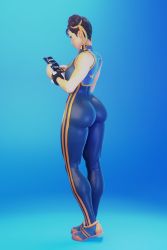 Rule 34 | 1girl, 3d, alternate costume, ass, bare shoulders, brown eyes, brown hair, capcom, cellphone, chun-li, curvy, double bun, full body, hair bun, highres, holding, holding cellphone, holding phone, huge ass, phone, shiny clothes, shoes, smartphone, sneakers, solo, street fighter, street fighter zero (series)