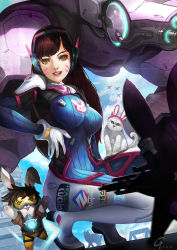 Rule 34 | 1girl, aircraft, airplane, animal ears, animalization, armor, bodysuit, boots, breasts, brown hair, building, c-tree, cat, contrail, d.va (overwatch), dated, day, facial mark, fighter jet, gatling gun, gloves, goggles, gun, headphones, jet, kneeling, lipgloss, lips, logo, long hair, looking at viewer, mecha, medium breasts, meka (overwatch), military, military vehicle, open mouth, overwatch, overwatch 1, pilot suit, rabbit, rabbit ears, robot, signature, skin tight, smile, solo, swept bangs, tracer (overwatch), weapon, whisker markings, white gloves, yellow eyes