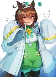 Rule 34 | 1girl, agnes tachyon (umamusume), ahoge, animal ears, black thighhighs, brown hair, earrings, green shirt, hair between eyes, hair ornament, hairband, horse ears, horse girl, horse tail, jacket, jewelry, long sleeves, looking at viewer, nazuka (mikkamisaki), official alternate costume, open clothes, open jacket, planet hair ornament, red eyes, shirt, short hair, single earring, sleeves past fingers, sleeves past wrists, smile, solo, star (symbol), tail, thighhighs, translation request, uma stars (umamusume), umamusume, white background, white hairband, white jacket