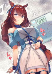 Rule 34 | 1girl, animal ears, artist name, bag, bare shoulders, blue dress, blue neckwear, blue scarf, blue thighhighs, braid, breasts, brown hair, censored, cowboy shot, dermar, detached sleeves, dress, french braid, frilled cuffs, gloom (expression), grey background, grey eyes, hand on own stomach, highres, horse ears, horse girl, large breasts, long hair, looking down, menacing (jojo), mosaic censoring, nervous smile, off-shoulder dress, off shoulder, pointless censoring, scarf, scrunchie, shaded face, shoulder bag, signature, simple background, skirt, smile, solo, sound effects, speech bubble, strap, super creek (umamusume), swept bangs, thighhighs, translated, umamusume, very long hair, wavy mouth, weighing scale, weight conscious, white dress, white skirt, wrist cuffs