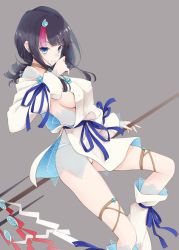 Rule 34 | 1girl, bare shoulders, black hair, blue eyes, blue ribbon, blunt bangs, blush, breasts, closed mouth, collarbone, dress, fate/grand order, fate/requiem, fate (series), fundoshi, grey background, japanese clothes, kurikara, large breasts, legs, long sleeves, looking at viewer, magatama, medium hair, multicolored hair, off shoulder, pink hair, polearm, ribbon, seigaiha, short dress, sideboob, sidelocks, simple background, smile, spear, streaked hair, thigh strap, two-sided fabric, two-sided skirt, utsumi erice, weapon, white dress, white legwear