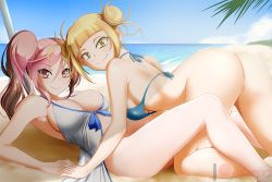 Rule 34 | 2girls, artist name, ass, back, beach, bikini, blonde hair, blue bikini, blunt bangs, boku no hero academia, bottomless, breasts, brown eyes, brown hair, cleavage, crossover, double bun, hair bun, hands together, highres, kimmy77, large breasts, looking at viewer, lying, multicolored hair, multiple girls, neo politan, on back, palm tree, pink eyes, pink hair, rwby, side ponytail, sky, smile, swimsuit, thighs, toga himiko, tree, water, yellow eyes