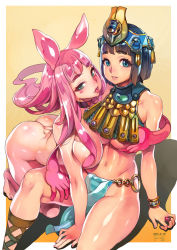 Rule 34 | 2girls, animal ears, areola slip, ass, bad id, bad pixiv id, black hair, blue eyes, blunt bangs, blush, blush stickers, breast press, breasts, butt crack, covering breasts, covering privates, curvy, egyptian clothes, f.s., glint, grabbing, grabbing another&#039;s breast, groin, headgear, heart, highres, jewelry, large breasts, long hair, looking at viewer, medium hair, melona (queen&#039;s blade), menace (queen&#039;s blade), monster girl, multiple girls, navel, o-ring, panties, pelvic curtain, pink hair, prehensile hair, queen&#039;s blade, rabbit ears, revealing clothes, ring, sash, shiny skin, shoes, sideboob, simple background, slime girl, smile, spread legs, striped clothes, striped panties, symbol-shaped pupils, symmetrical docking, tan, thighs, tongue, tongue out, underboob, underwear, yuri