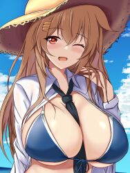 Rule 34 | 1girl, alternate costume, beach, between breasts, bikini, blue bikini, blue sky, breasts, brown eyes, cloud, cloudy sky, cosplay, day, hair between eyes, hair flaps, hair ornament, hairclip, hat, highres, kantai collection, large breasts, light brown hair, long hair, looking at viewer, montemasa, murasame (kancolle), murasame kai ni (kancolle), necktie, necktie between breasts, open mouth, red eyes, shigure (kancolle), shigure (kancolle) (cosplay), shigure kai san (kancolle), shirt, sky, smile, solo, sun hat, swimsuit, upper body, water, white shirt