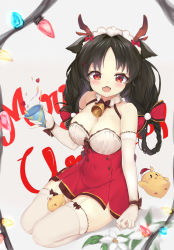Rule 34 | 1girl, animal ears, azur lane, bare shoulders, bell, black hair, blush, bow, breasts, buttons, cat ears, chestnut mouth, cleavage, collar, collarbone, commentary, covered navel, double-breasted, elbow gloves, english commentary, english text, fake antlers, fang, fur collar, garter straps, gloves, hair bow, hair ornament, hair rings, hairband, highres, jingle bell, large breasts, long hair, looking at viewer, manjuu (azur lane), merry christmas, neck bell, ooshio (azur lane), ooshio (the reindeer&#039;s present) (azur lane), open mouth, party popper, red bow, red eyes, ribbon, seiza, sitting, skai kun, sleeveless, smile, solo, thighhighs, white gloves, white thighhighs, wrist ribbon, x hair ornament